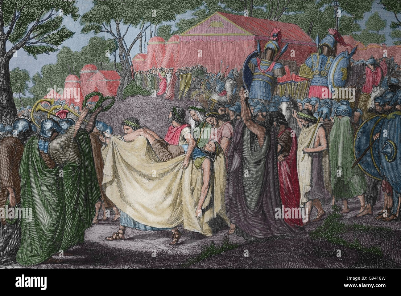 Death of Viriatus, leader of the Lusitanian people that resisted Roman expansion in Hispania, 139 BC. Engraving, 19th century. Stock Photo