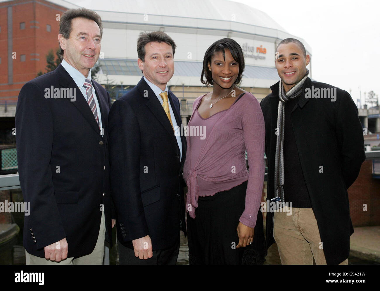 Olympic Gold medalists (L-R) Lynn Davies, Lord Sebastien Coe, Denise Lewis and Jason Gardner during the Eurpoean Indoor Championships launch at the Bank Resturant in Birmingham, Monday February 6, 2006. PRESS ASSOCIATION Photo. Photo credit should read: David Davies/PA. Stock Photo
