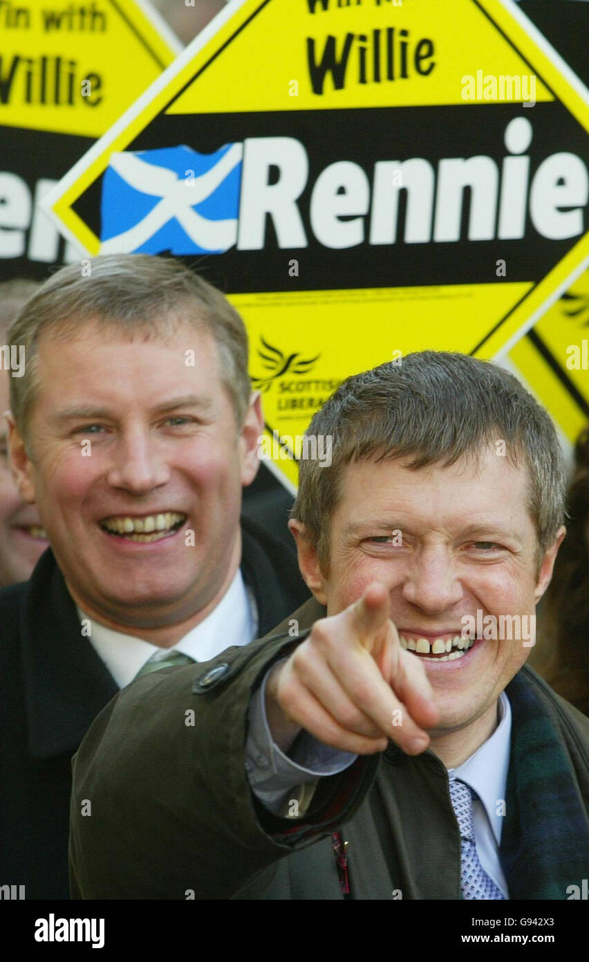 Willie Rennie walks down Dunfermline High Street with Leader of the Scottish Liberals Nicol Stephen, Friday 10 February 2006. Rennie, the triumphant new Liberal Democrat MP for Dunfermline and West Fife, said his shock by-election victory would 'rock the foundations of Downing Street - and I mean both No 10 and No 11'. The foundations are probably safe. But in the top floor flats there may have been some furrowed brows in the early hours of this morning. All political events are now inevitably seen through the prism of Tony Blair's promised retirement and his putative handover to Gordon Stock Photo