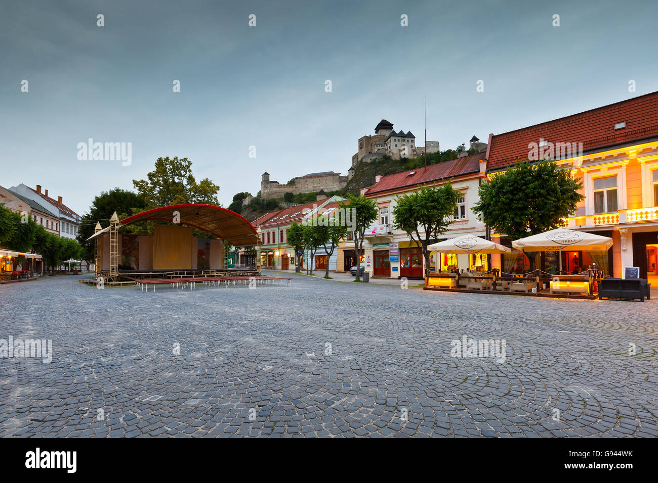 Trencin castle as seen from the main square in the old town. Stock Photo