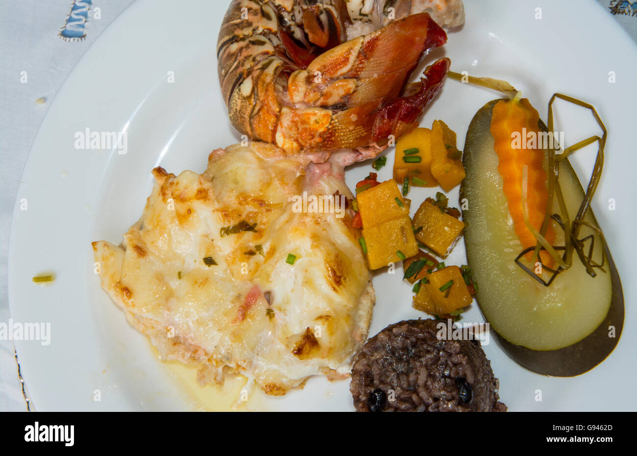 Trinidad Cuba lobster dinner with black beans in restaurant Stock Photo