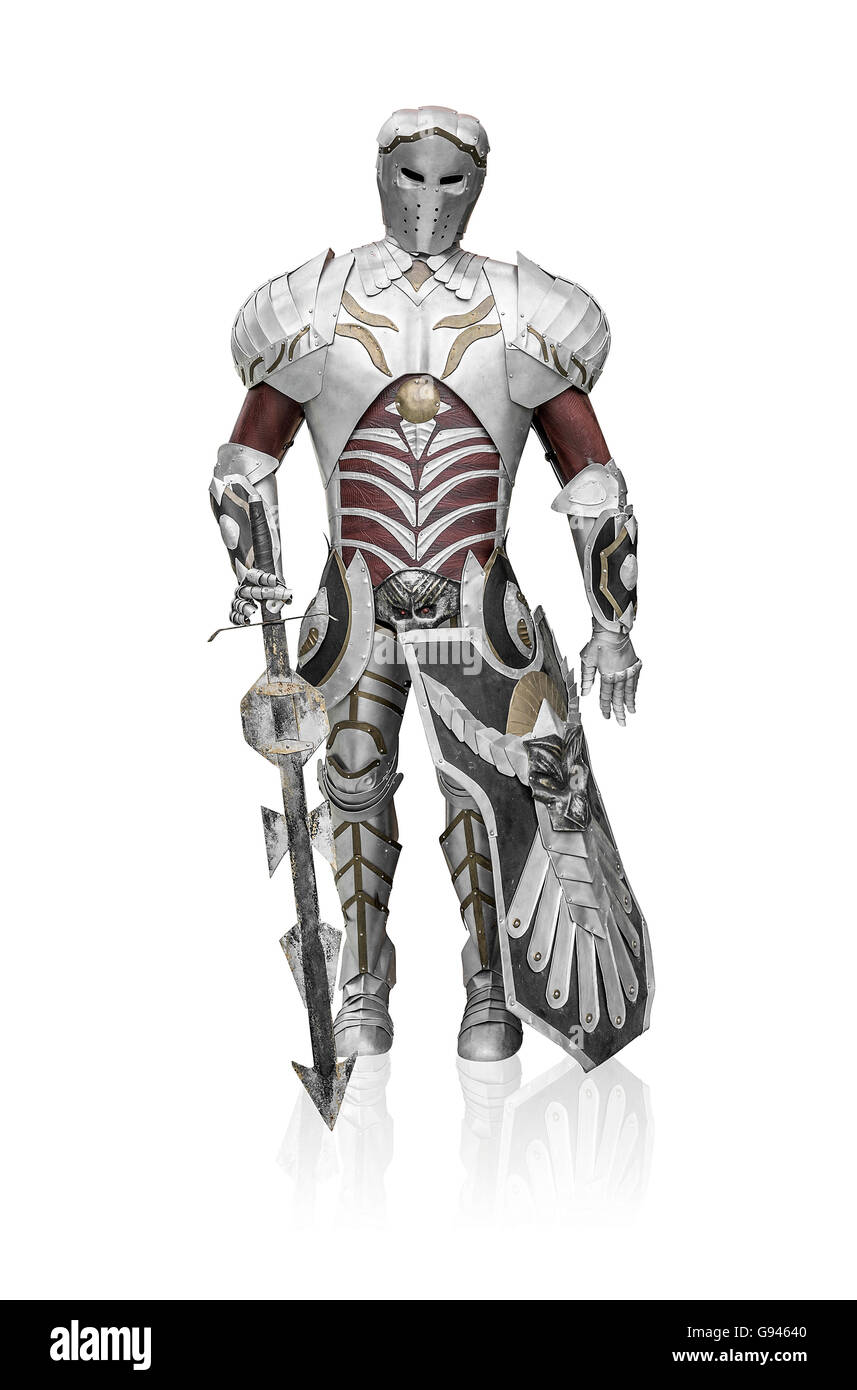 Knight in metal armor on a white background. Stock Photo