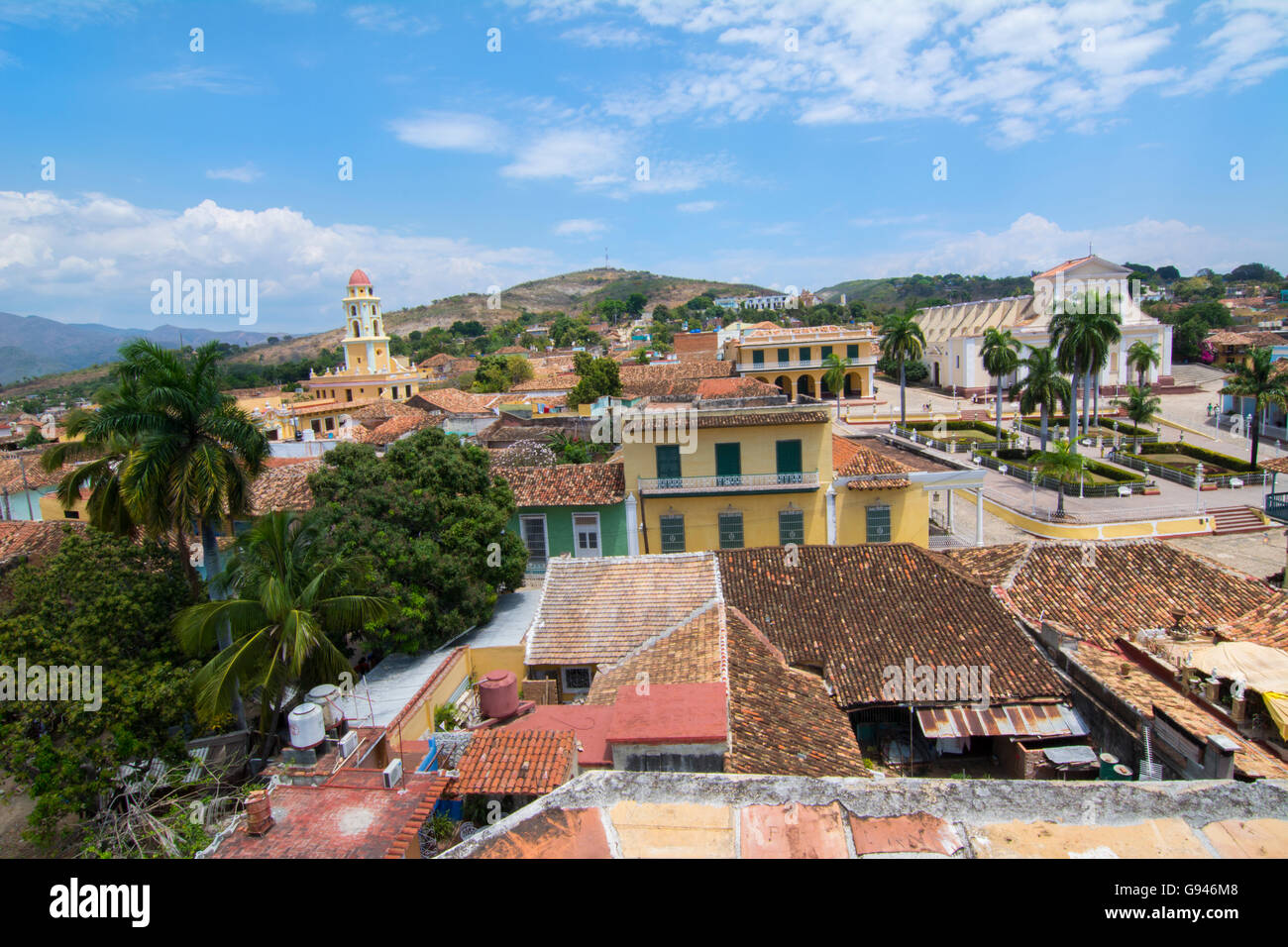 Trinidad Cuba from above tower with church and mountains with buildings ...