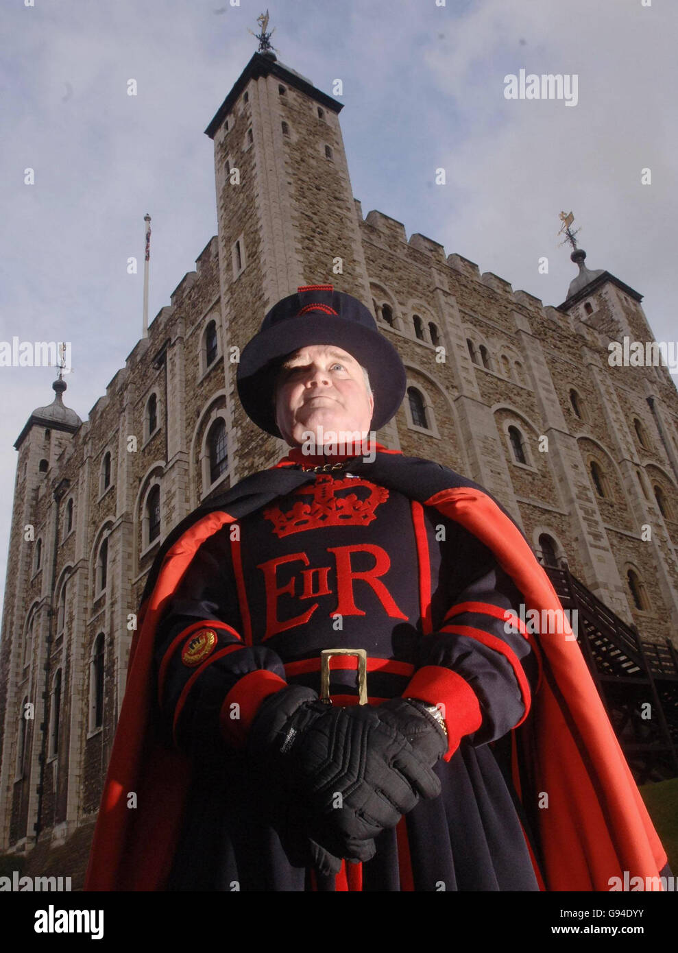 Derrick Coyle, the Raven Master at the Tower of London stands by the famous ravens' new home. Stock Photo