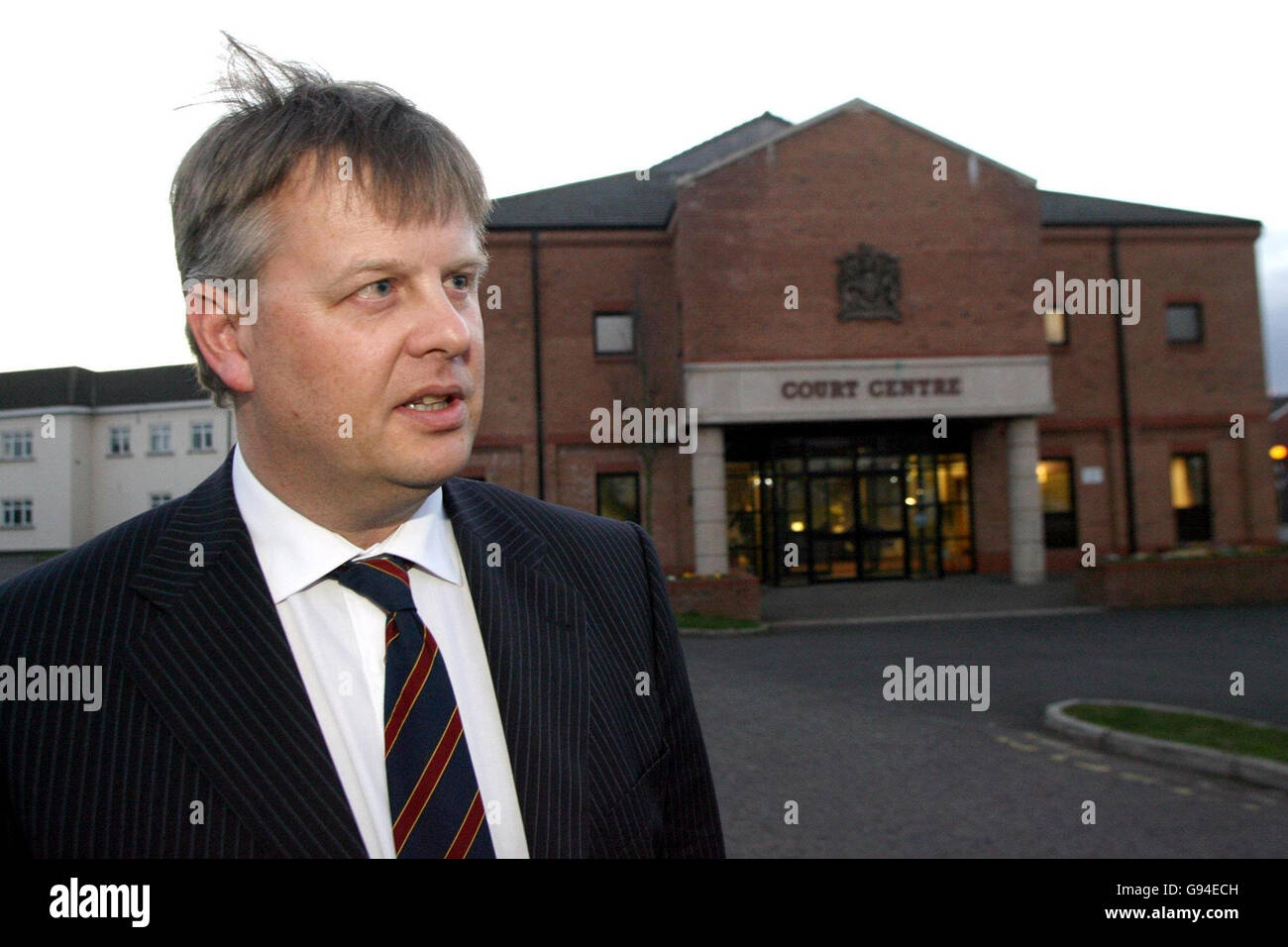 Defence solicitor Paul Colhoun outside the courthouse at RAF Aldergrove in Northern Ireland, Tuesday February 21, 2006,where Private Kevin Paul Challis, 22, of the 2nd Battalion, the Princess of Wales Royal Regiment, pleaded guilty at a court martial to attempting to supply cocaine. The young soldier, who was shot in Iraq, was ordered to be discharged from the army tonight after first serving 12 months in military custody for a drugs offence. See PA story ULSTER Soldier. PRESS ASSOCIATION photo. Photo credit should read: Paul Faith/PA. Stock Photo