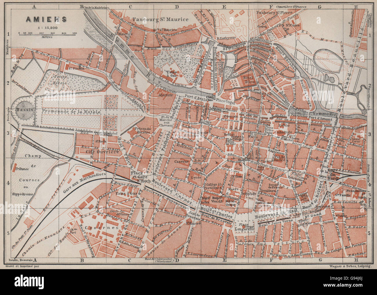 Somme carte AMIENS antique town city plan de la ville BAEDEKER 1905 old map 