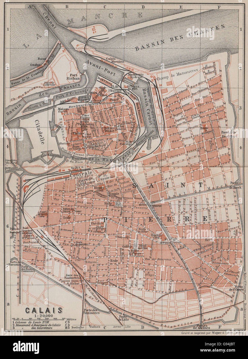 CALAIS antique town city plan de la ville. Pas-de-Calais carte, 1910 old map Stock Photo