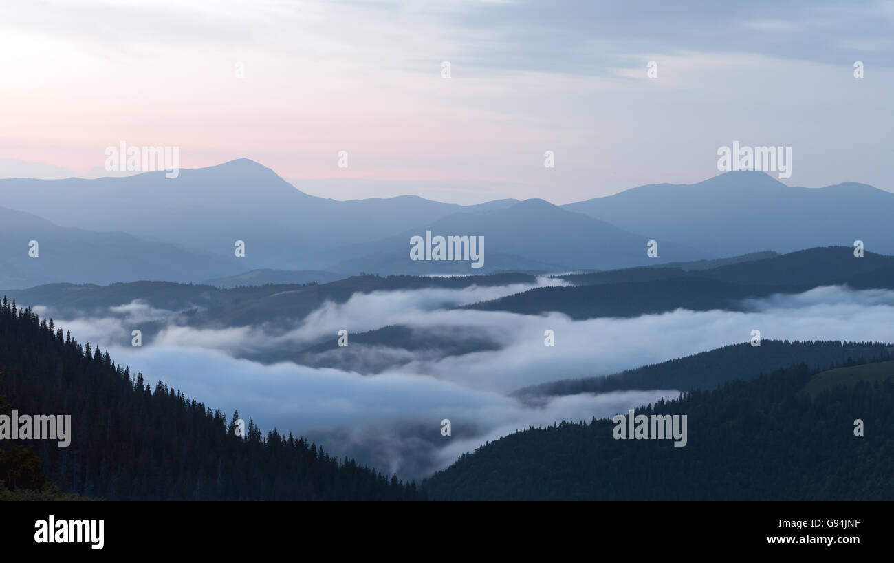scenic view of mountain forests covering by fog Stock Photo - Alamy