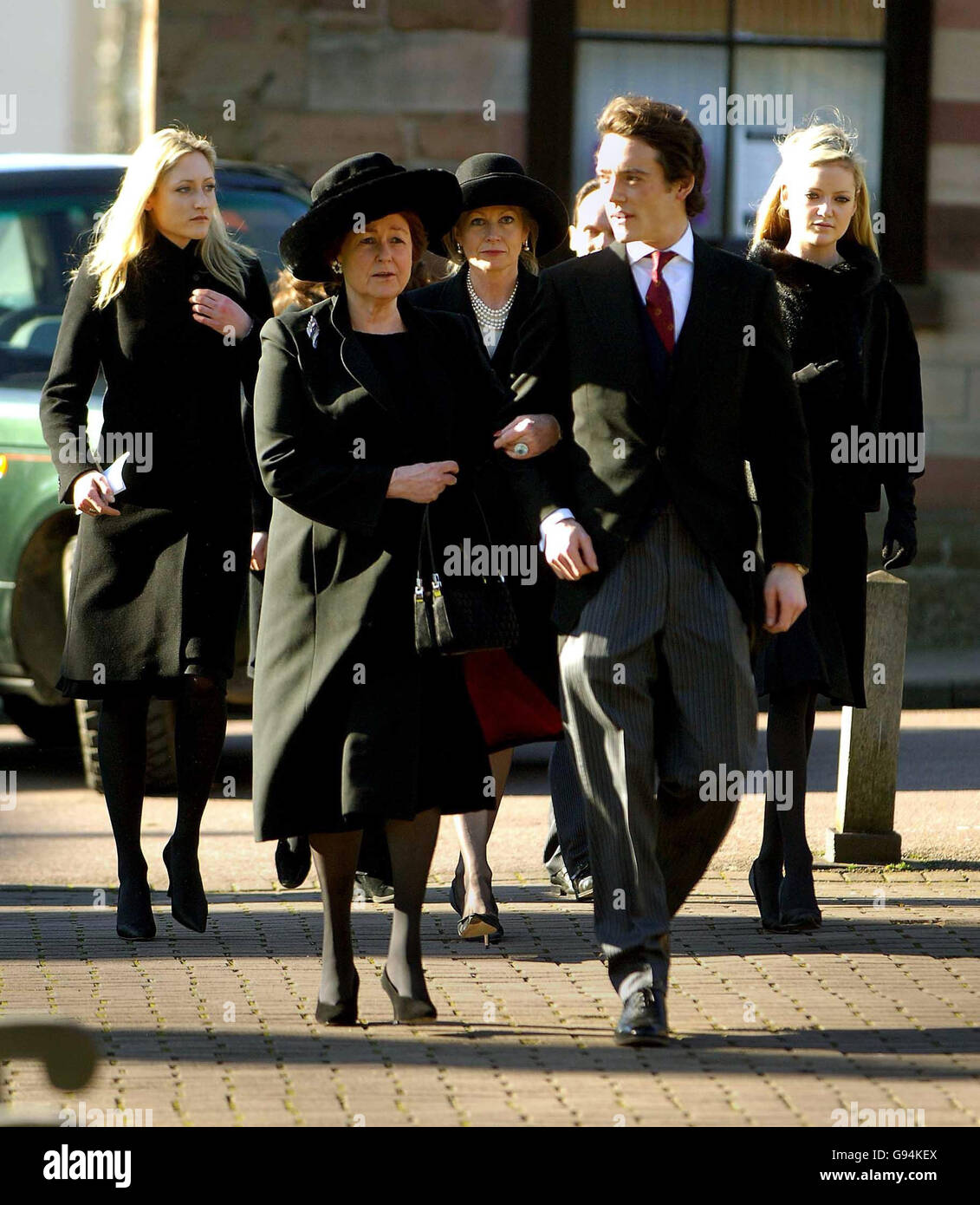 The late Lord Lichfield's son, the sixth Earl of Lichfield (Anson) with Lord Lichfield's sister Lady Elizabeth Shakerley (both front) and daughters Lady Rose Anson (left), Lady Eloise Anson (right) and partner Lady Annunziata arrive for the late Lord Lichfield's Service of Thanksgiving at Lichfield Cathedral, Thursday February 9, 2006. The 66-year-old, who was the Queen's first cousin once removed, died suddenly in November last year after suffering a stroke. See PA Story MEMORIAL Lichfield. PRESS ASSOCIATION Photo. Photo credit should read: Rui Vieira/PA Stock Photo