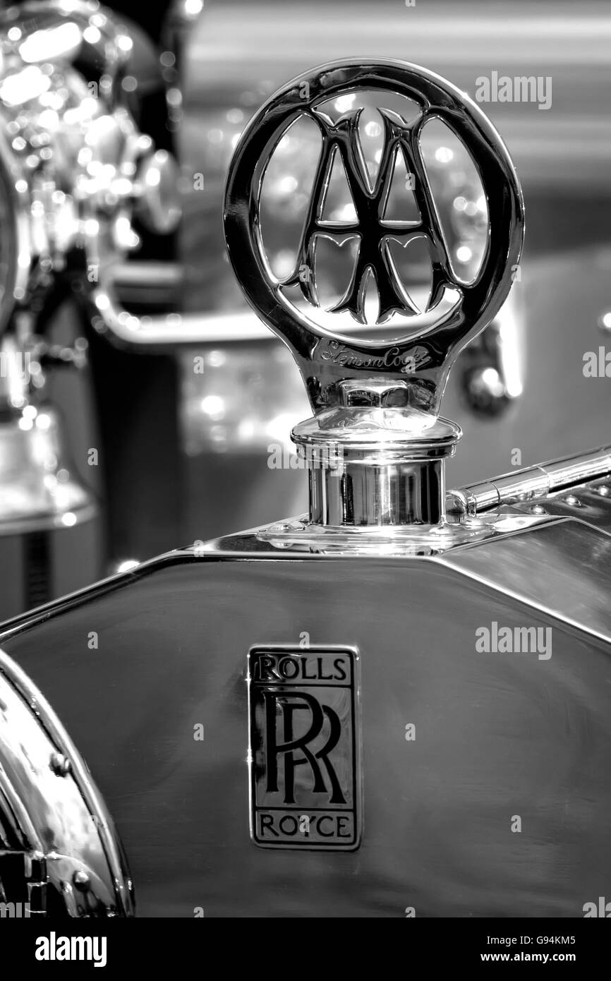 AA Badge on the front of a Rolls Royce Silver Ghost in Black & White Stock Photo
