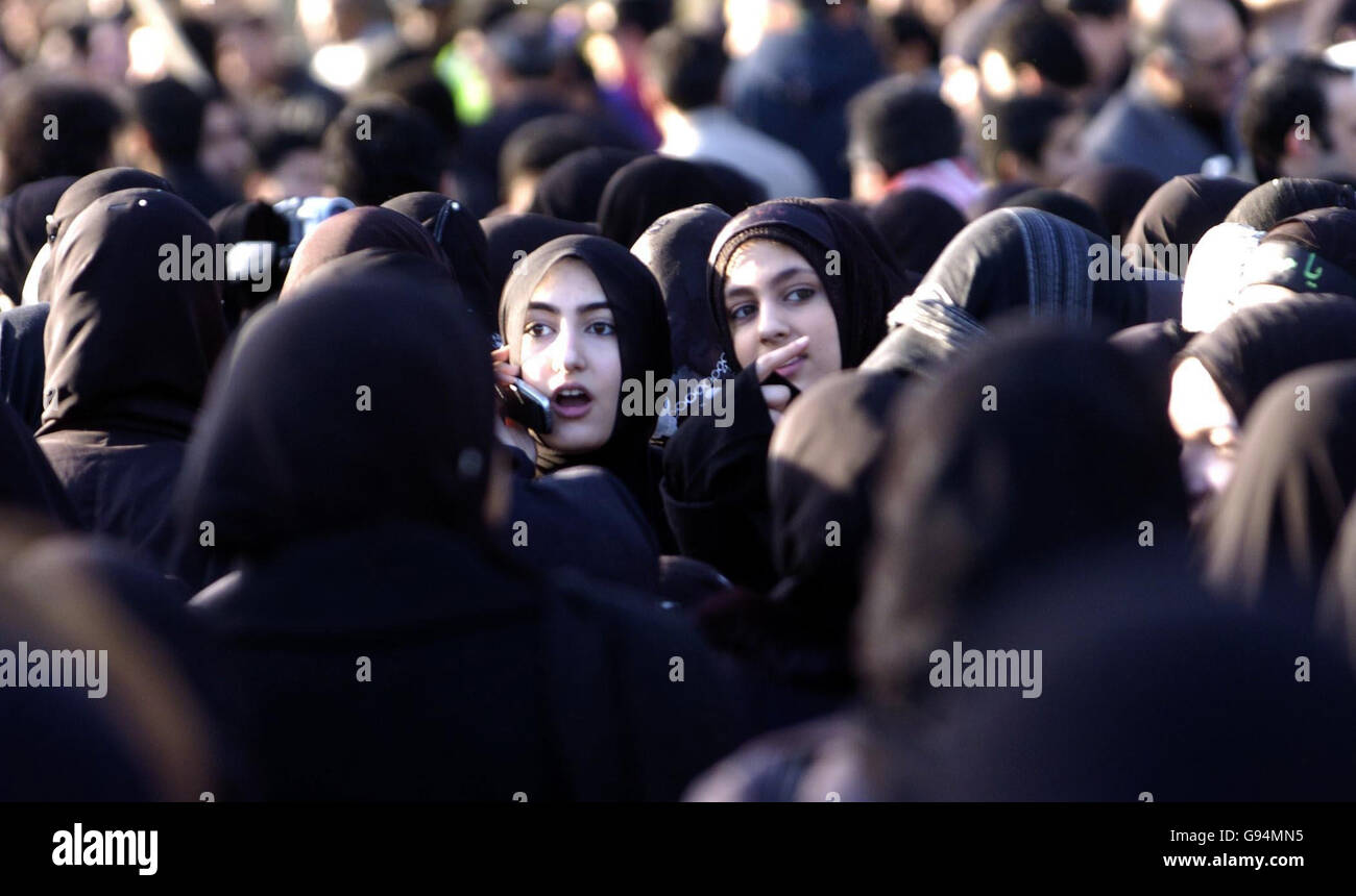 Muslim women gather in Hyde Park, central London, before joining a march across west London, the 10th day of Muharram which commemorates the death of the muslim martyr Imam Hussein, grandson of the Prophet Mohammad. photo. Stock Photo