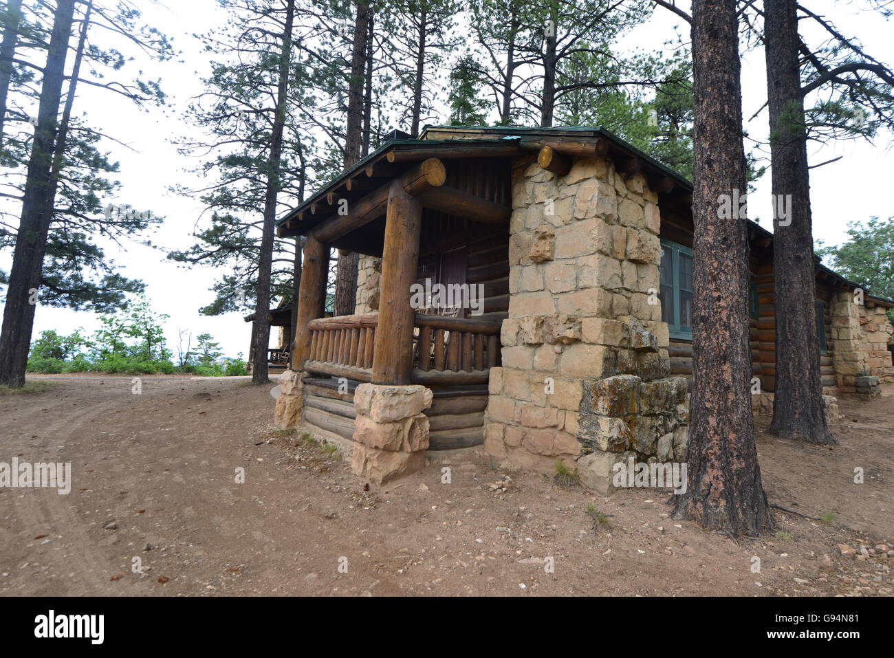 A Stone Log Cabin In The Mountains Of Arizona Stock Photo