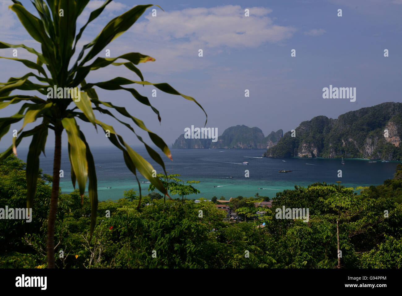 The view from the Viewpoint on the Town of Ko PhiPhi on Ko Phi Phi Island outside of the City of Krabi on the Andaman Sea in the Stock Photo