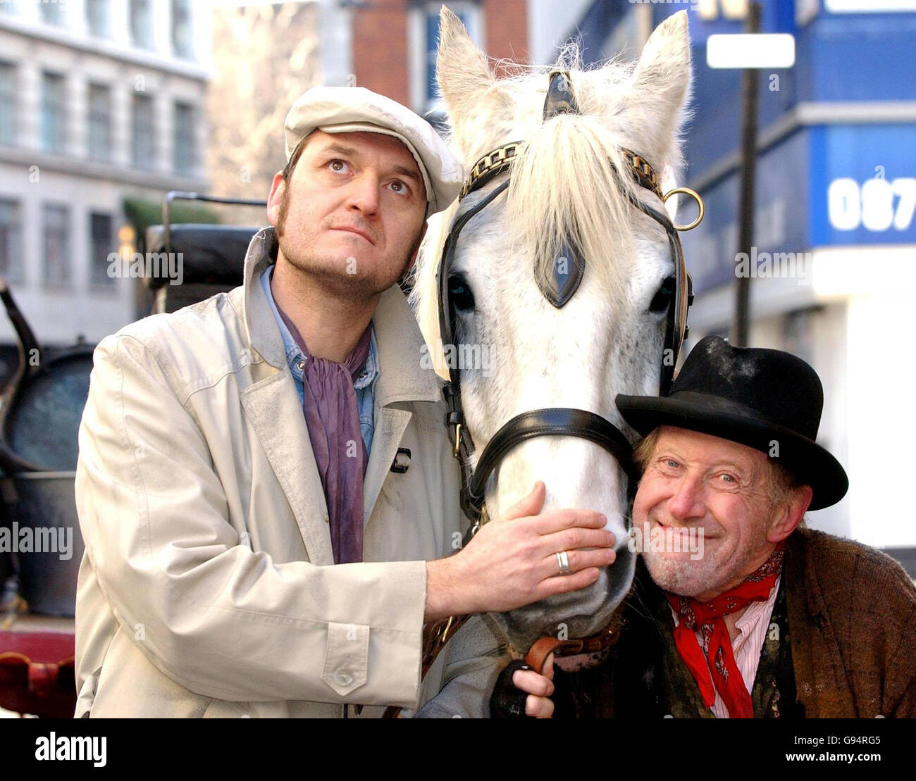 Jake Nightingale (left), who plays Harold Steptoe, and Harry Dickman, who plays Albert Steptoe, during a photocall for the new play 'Steptoe and Son in Murder at Oil Drum Lane', outside The Comedy Theatre, central London, Tuesday 21 February 2006. PRESS ASSOCIATION photo. Photo Credit should read: Anthony Harvey/PA Stock Photo