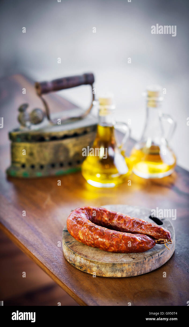 traditional spanish portuguese smoked pork chorizo chourico rustic spicy sausage Stock Photo