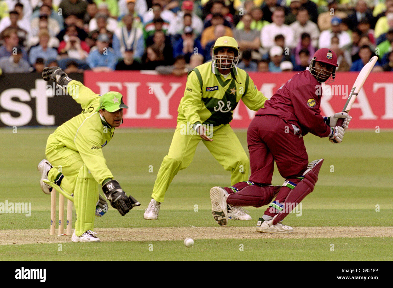West Indies batsman Ridley Jacobs knocks a Shoaib Akhtar delivery towards the boundary Stock Photo