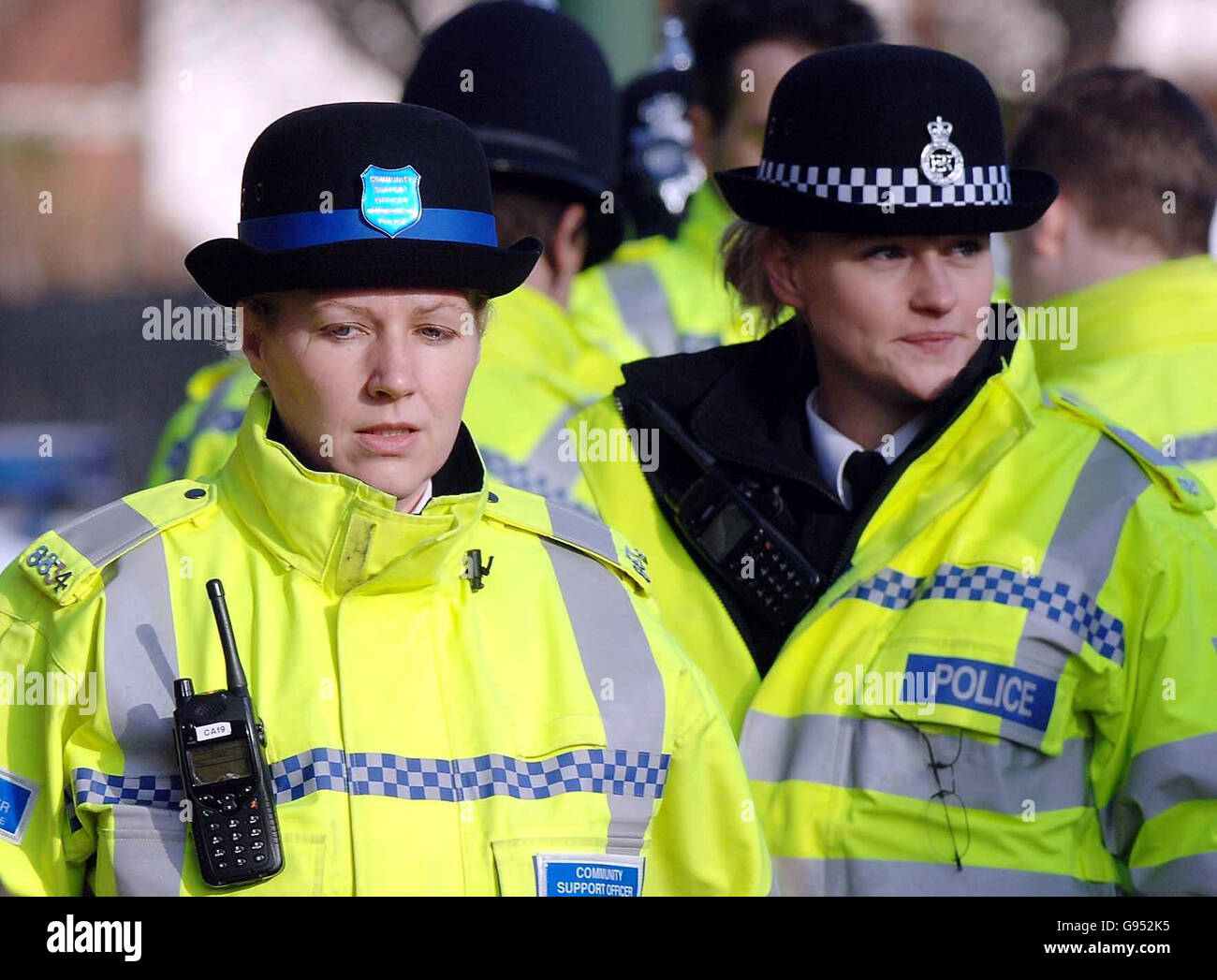 Two female police officers outside the house on Lenton Boulevard, Nottingham Tuesday February 14, 2006, where Rachael Bown, a 25-year-old woman police officer was shot and injured while investigating a burglary. See PA story POLICE Shooting. PRESS ASSOCIATION photo. Picture credit should read: Rui Vieira/PA Stock Photo