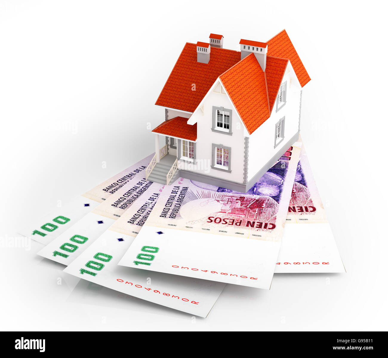 Argetina peso banknotes under house. Mortgage concept. 3d rendered illustration. Stock Photo
