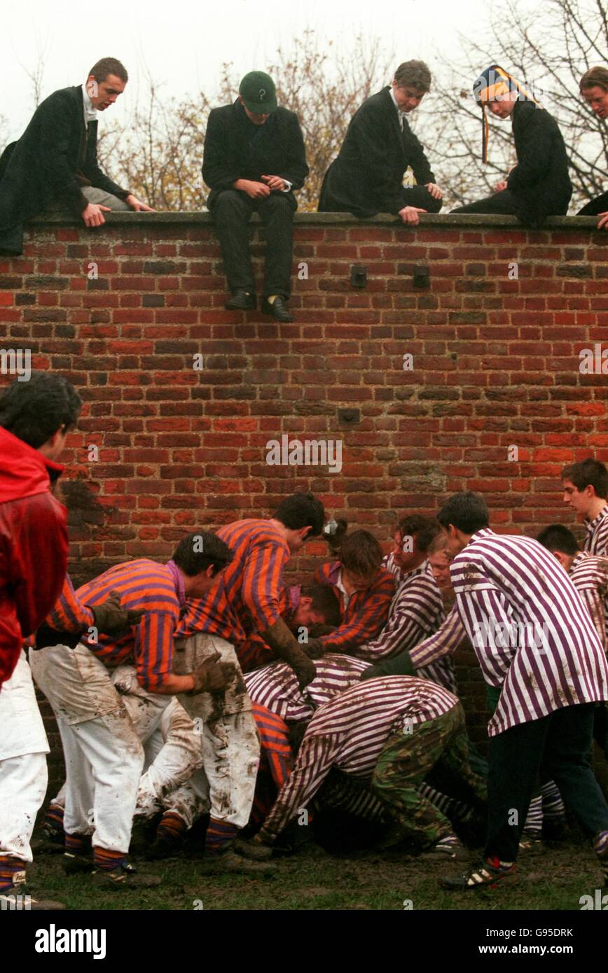 Eton Wall Game. Eton College students look down on the bully Stock ...