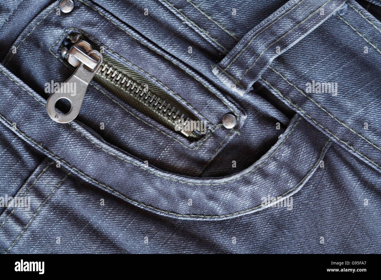 Closeup gray jeans background with pocket and zipper Stock Photo Alamy