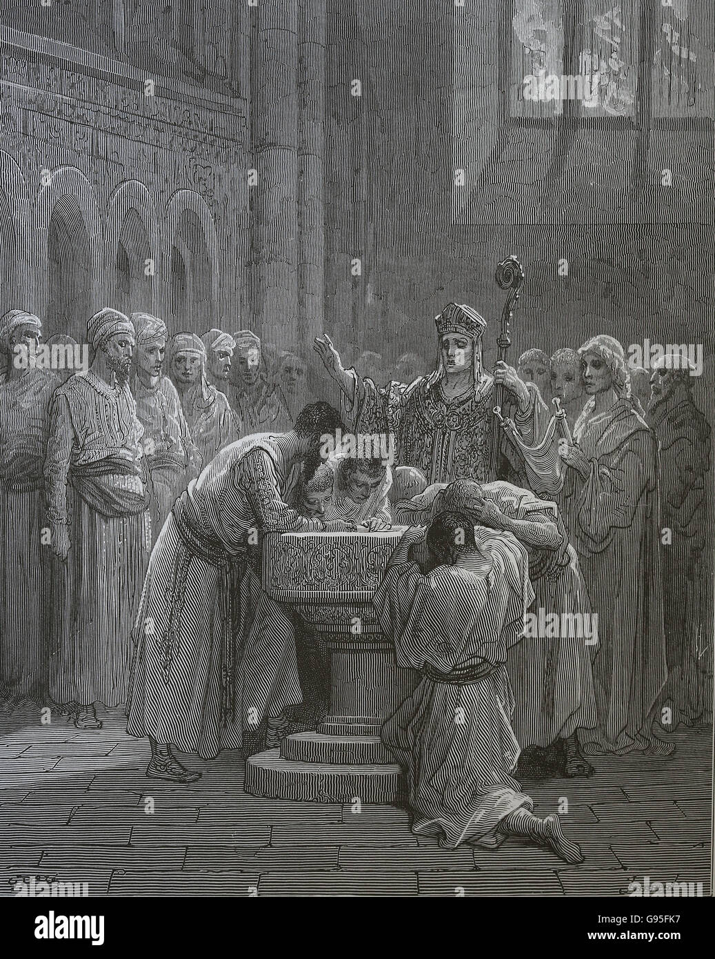 The Crusades of Gustave Dore.  The baptism of infidels. Ceremony. Engraving, 19th c. Stock Photo