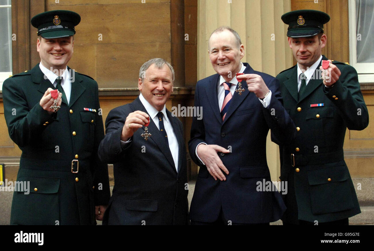 Ambulancemen (left to right) William Kilminster, James Underdown, Roy Webb and Peter Swan with their MBEs at Buckingham Palace, Wednesday February 15, 2006, where they was honoured by Britain's Queen Elizabeth II for their work on July 7 last year. The Queen paid tribute to the heroes of the July 7 bombings today, praising them for their 'courageous acts' and 'outstanding bravery'. See PA Story ROYAL Investiture. PRESS ASSOCIATION Photo. Photo credit should read: Stefan Rousseau/PA Stock Photo