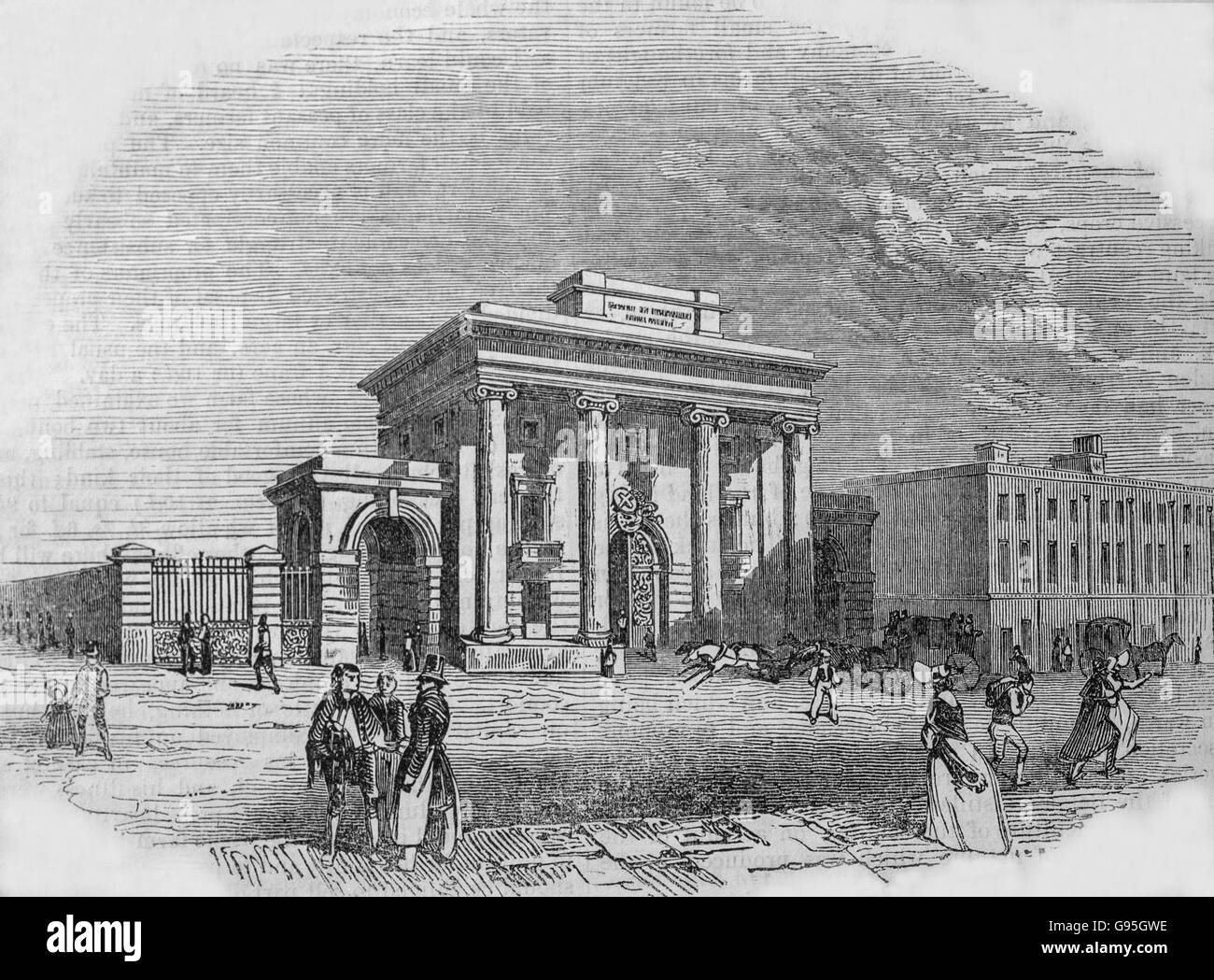 Entrance to the Birmingham Railway Station, Nova Scotia Garden. Mid 19th century engraving. Also known as Curzon Street: The former Principal Building of the Birmingham Terminus for the London-Birmingham Railway. Designed in a Greek Revival style by Philip Hardwick and opened in 1838. Now a Grade 1 listed building. Stock Photo