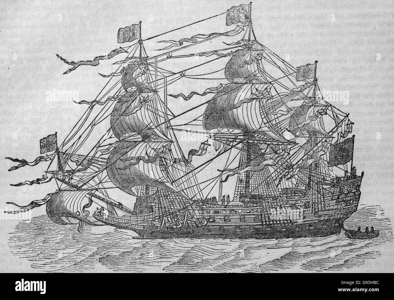 'The Sovereign of the Seas', from a mid 19th century engraving. A British Navy ship, built in 1637 at Woolwich, England. Stock Photo