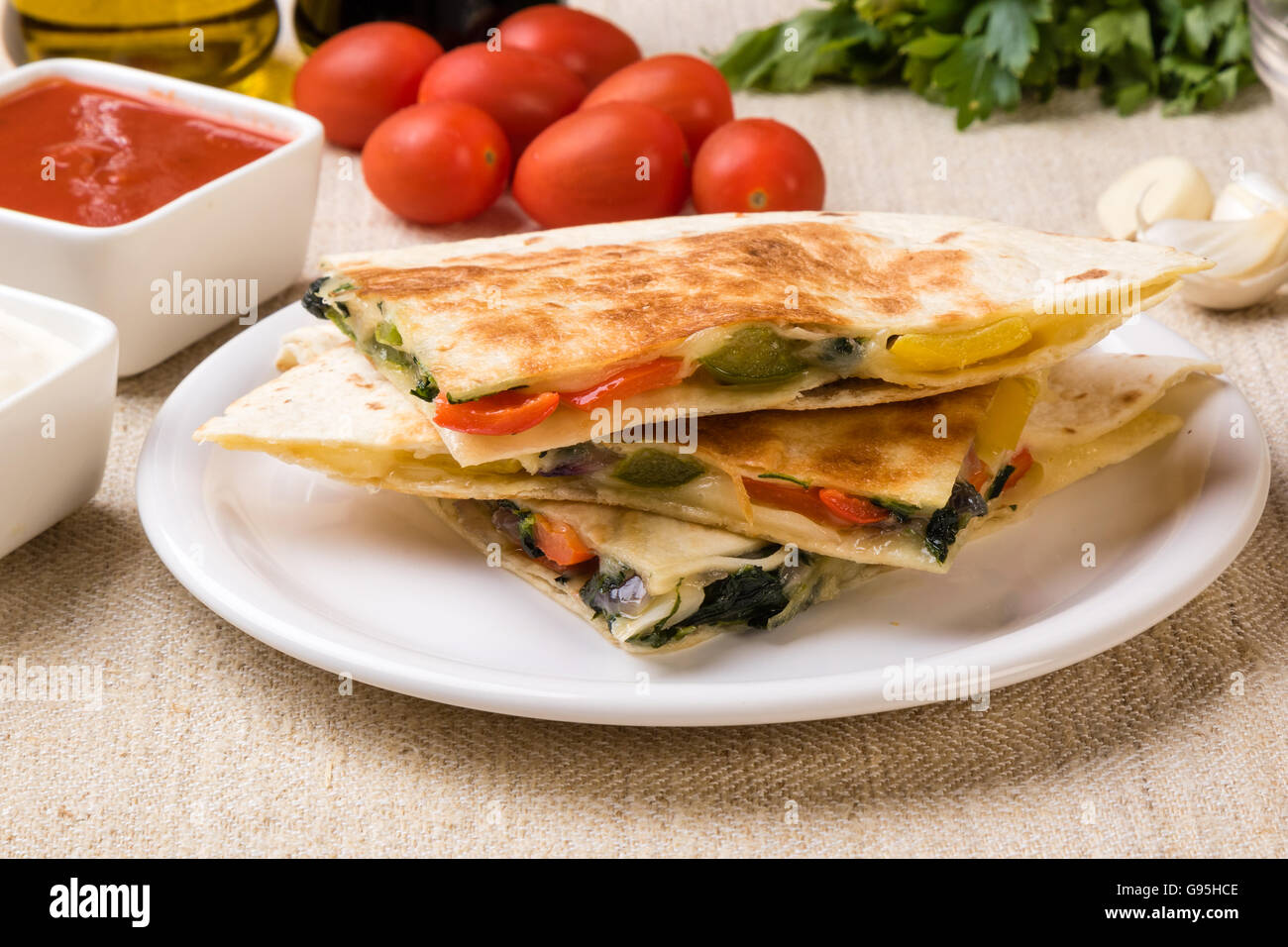 homemade tasty delicious quesadilla with cheese and vegetable Stock Photo