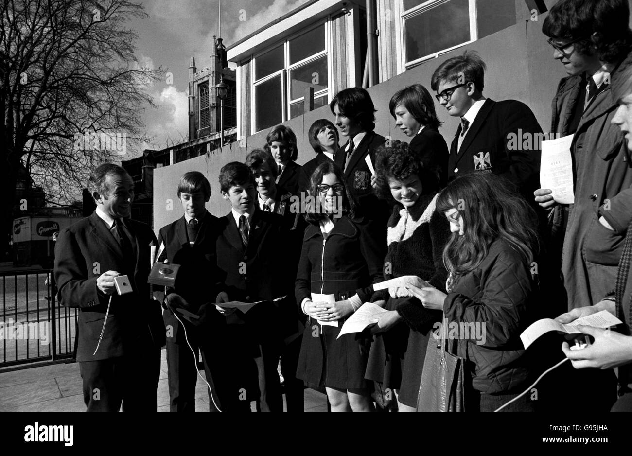 Mr Greville Janner, Labour MP for North West Leicester (left), with children from two Leicester schools, Beaumont Leys and Fosse, holding copies of the Private Members Bill they hoped to hear him move in a second reading debate. Stock Photo