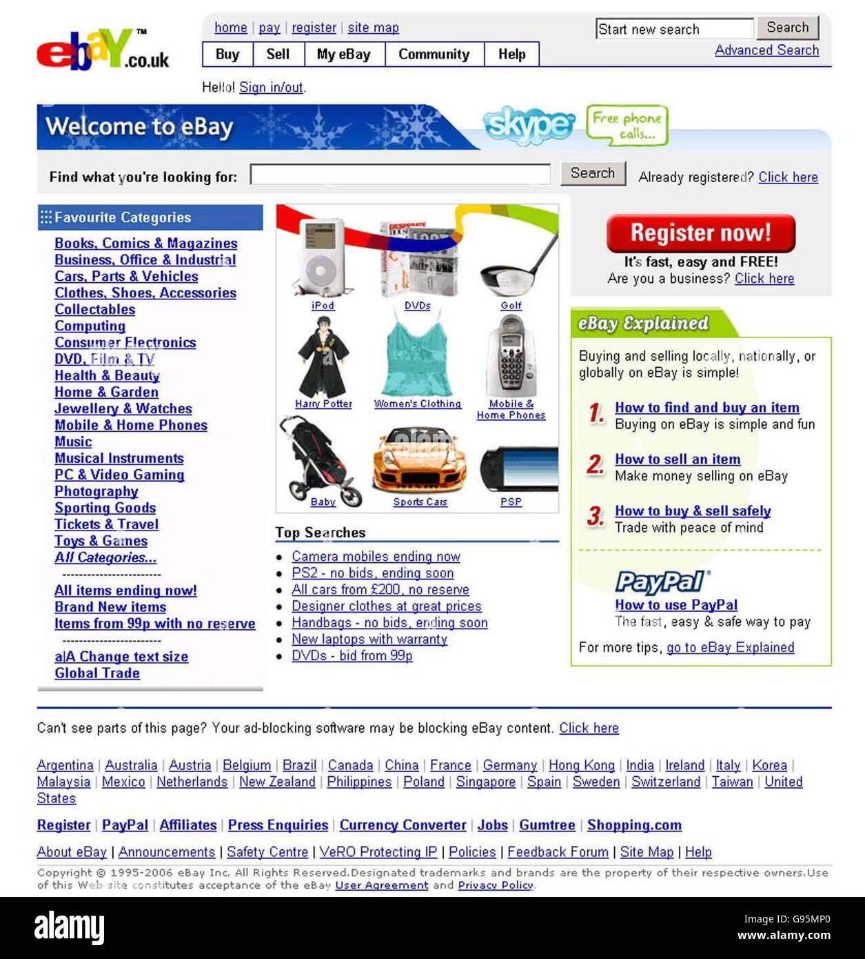 Screen grab dated 24/02/2006 of the eBay homepage. The online auction site should take a tougher stance on tackling fraud, a consumer magazine said, Saturday February 25, 2006. Around 130 incidents relating to the website are reported to the Metropolitan Police each month, according to Computing Which? See PA story CONSUMER Ebay. PRESS ASSOCIATION photo. Photo credit should read: eBay/PA. Stock Photo