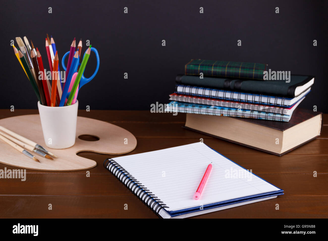 Different schoolchild and student studies accessories. Back to school concept.Selective focus Stock Photo