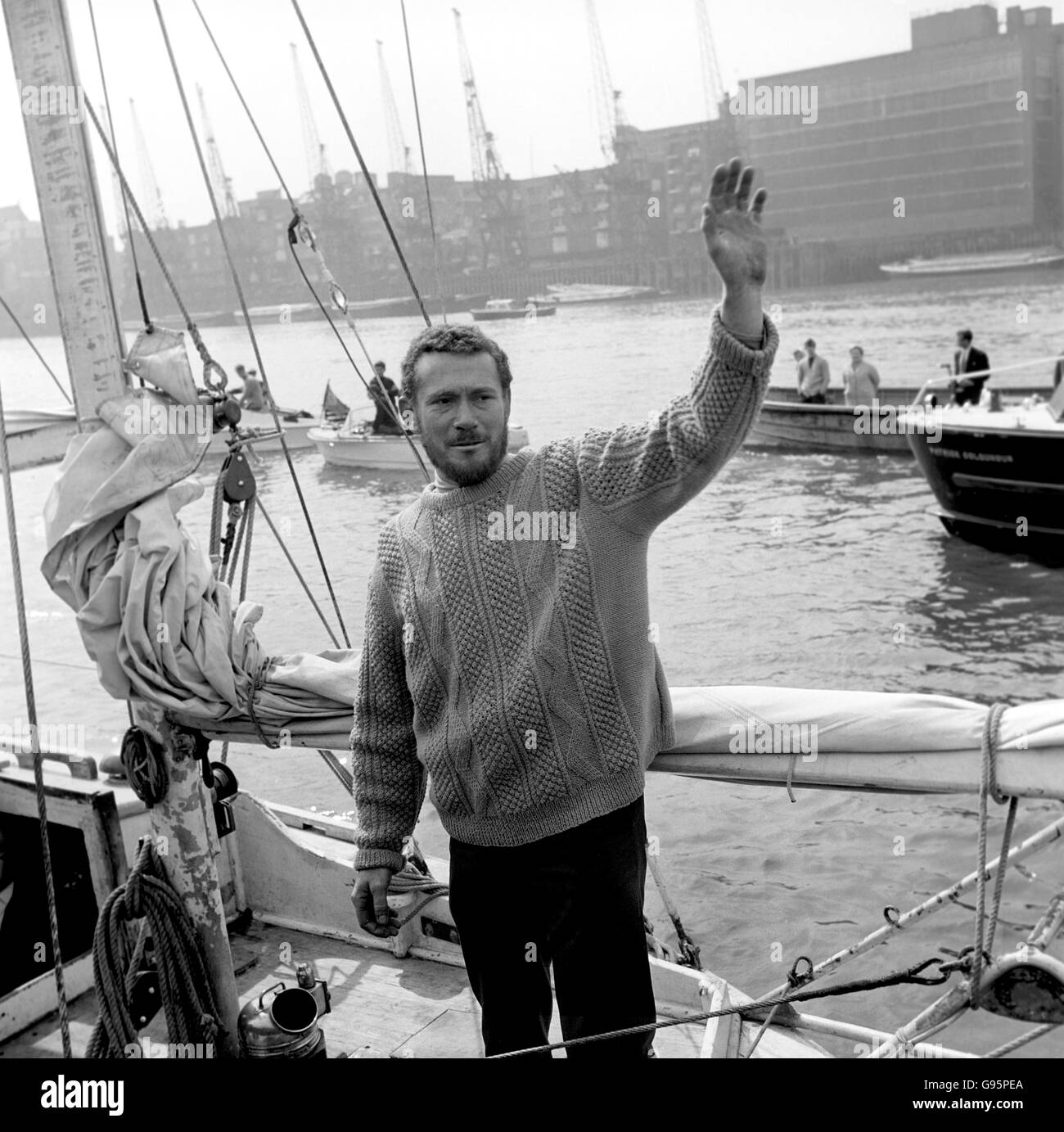 Round the world yachtsman robin knox johnston is shown aboard his ketch