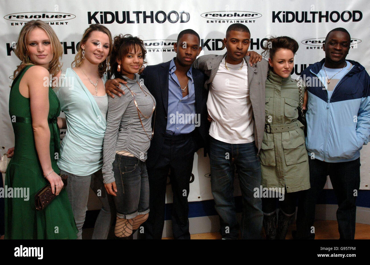 Left to Right) Rebecca Martin, Madeleine Fairley, Madrell, Aml Ameen, Noel Clarke, Jaime Femi Oyeniran arrive the UK film premiere of 'Kidulthood', at the Odeon West End, central London,