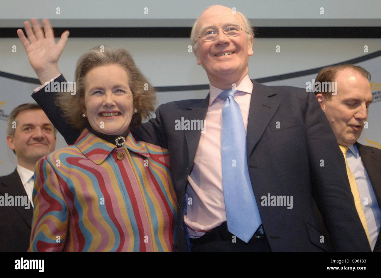 Sir Menzies Campbell celebrates with his wife Elspeth after he was elected the new leader of the Liberal Democrats, Thursday March 2, 2006. He secured 29,697 of the votes from party members, defeating his nearest rival Chris Huhne, who won 21,628. Simon Hughes, the Lib Dem president, came third, having been knocked out under the party's transferable vote ballot system in a first round of voting. See PA story POLITICS LibDems. PRESS ASSOCIATION Photo. Photo credit should read: Stefan Rousseau/PA. Stock Photo