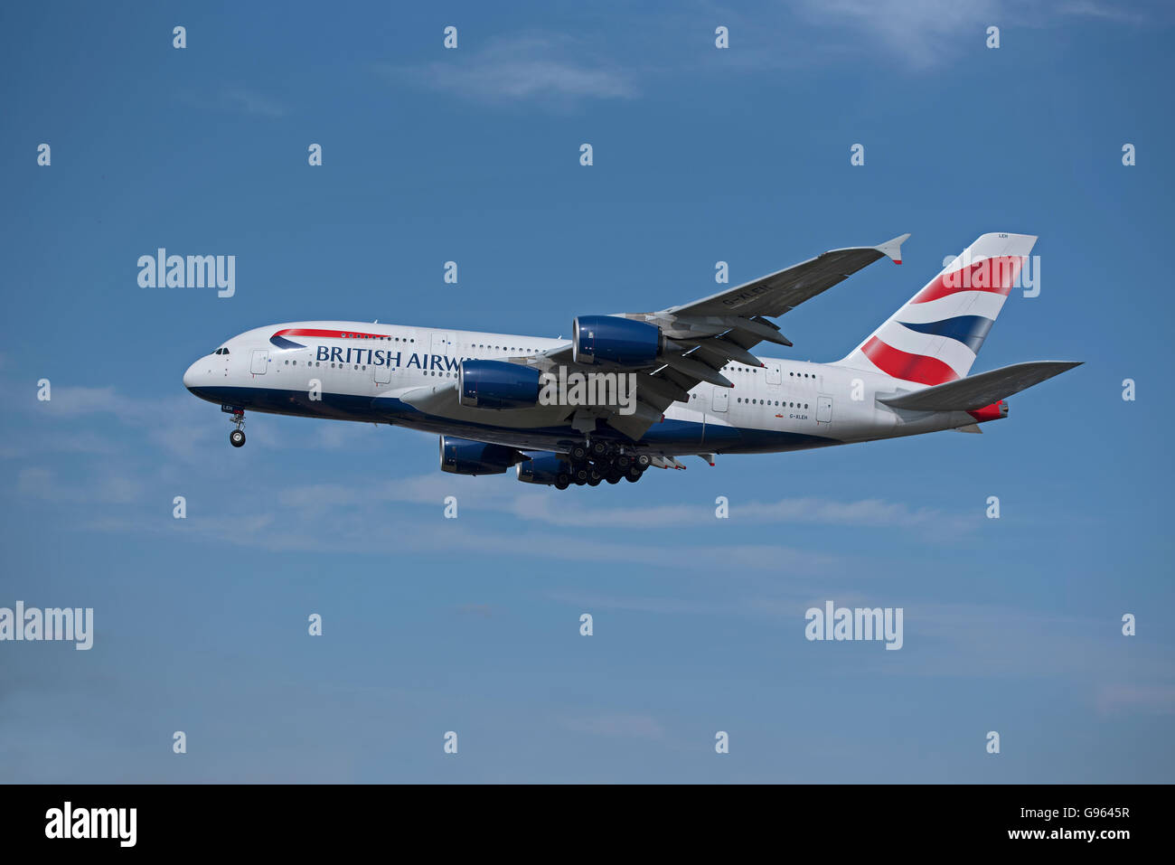 British Airways Airbus A 380-841 Registration G-XLEH arriving at London Heathrow Airport.  SCO 10,462. Stock Photo