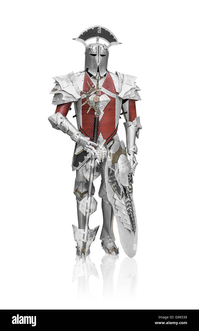 Knight in metal armor on a white background. Stock Photo