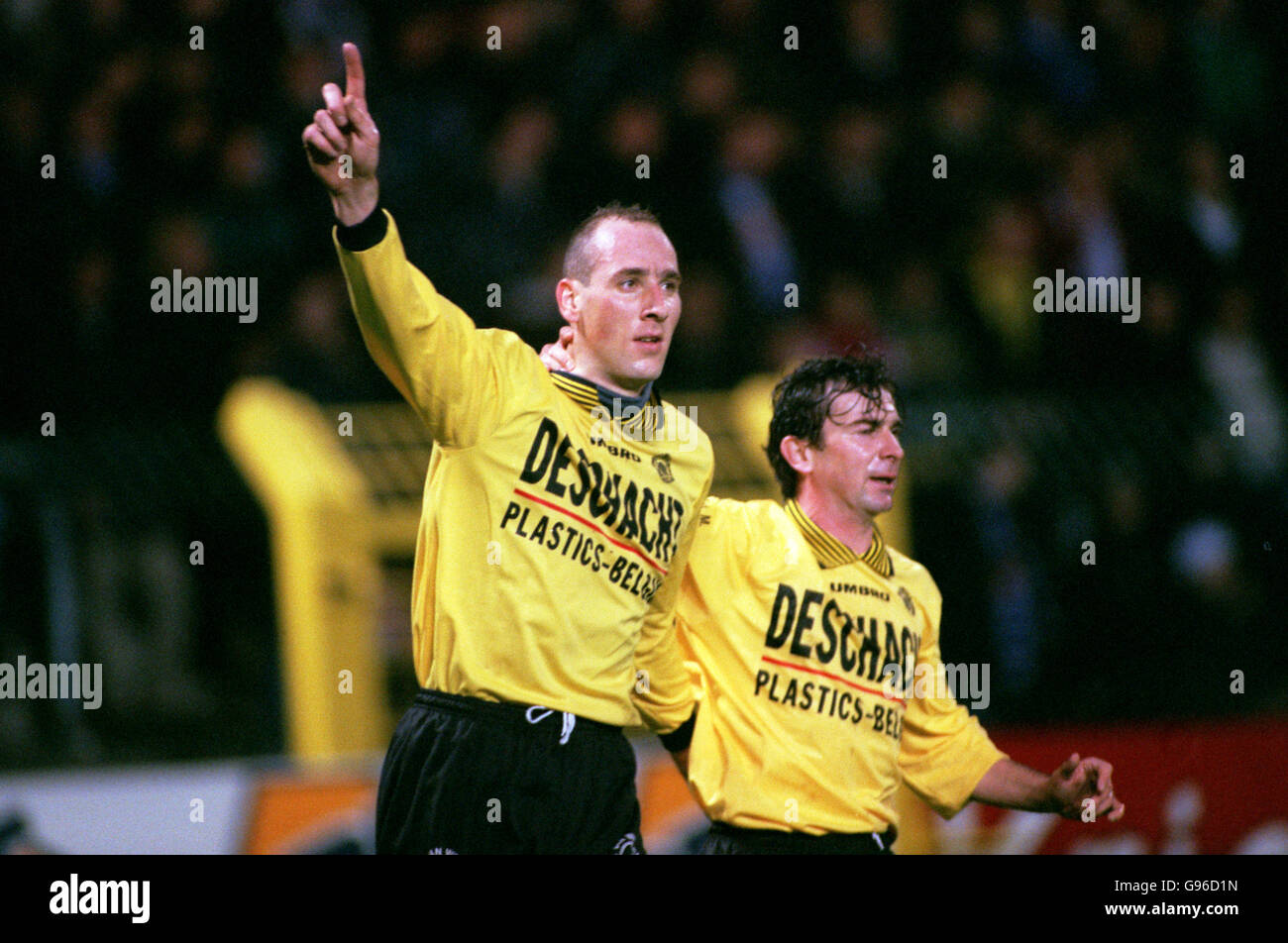 Lokeren's Jan Koller (left) celebrates a goal with teammate Roman Vonasek (right) Stock Photo