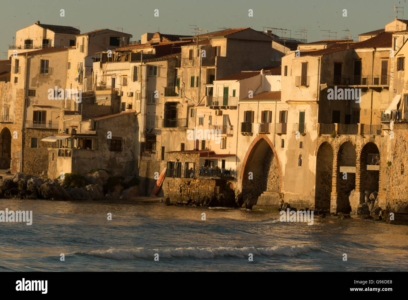 Cefelu,Sicily late afternoon,ancient dwellings,tourism,golden light Stock Photo