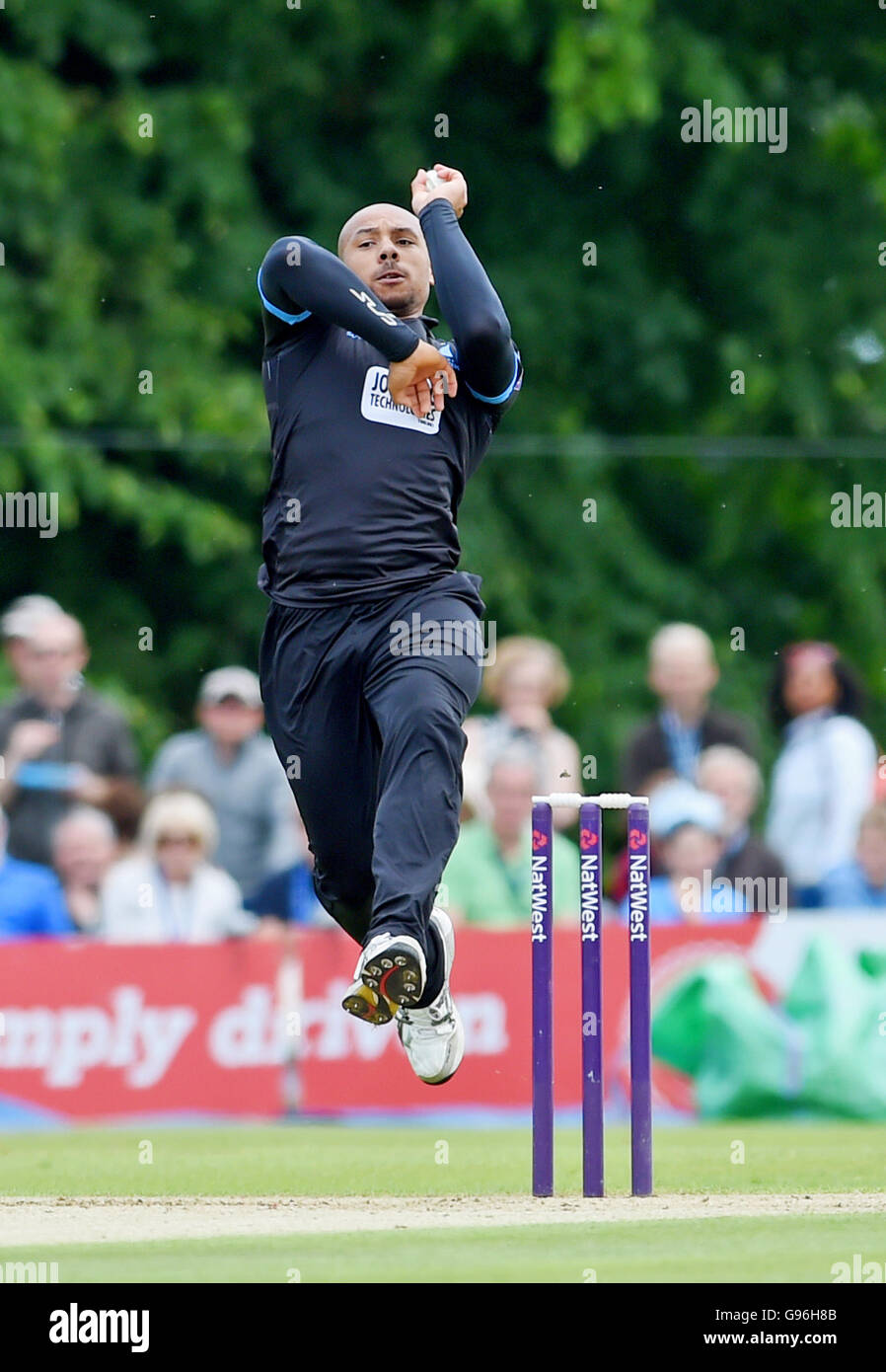 Tymal Mills of Sussex Sharks bowling during the NatWest T20 Blast match between Sussex Sharks and Gloucestershire at the Arundel Castle Ground. June 26, 2016. Simon  Dack / Telephoto Images Stock Photo
