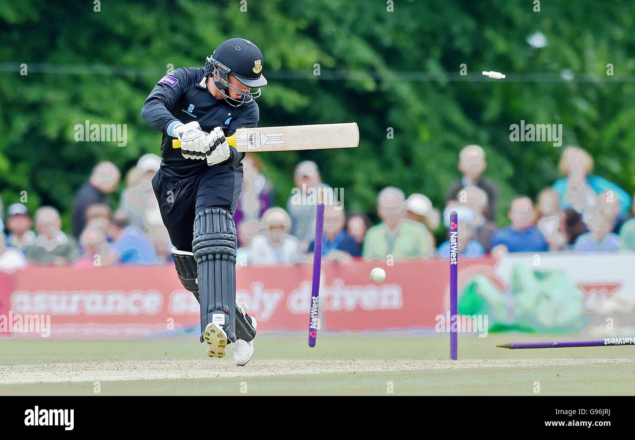 Matt Machan of Sussex Sharks is clean bowled by Matt Taylor of Gloucestershire during the NatWest T20 Blast match between Sussex Sharks and Gloucestershire at the Arundel Castle Ground. June 26, 2016. Simon  Dack / Telephoto Images Stock Photo