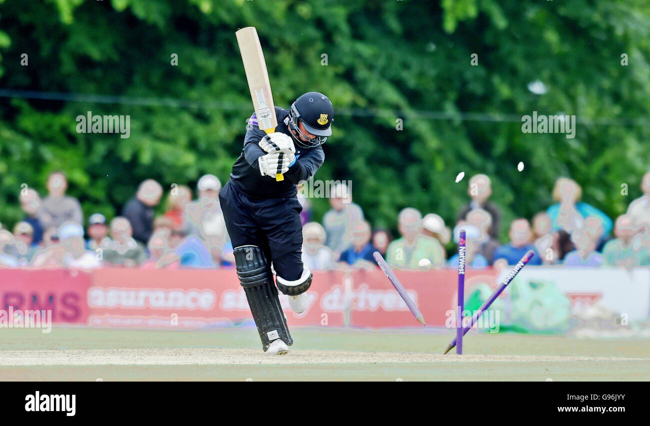 Matt Machan of Sussex Sharks is clean bowled by Matt Taylor of Gloucestershire during the NatWest T20 Blast match between Sussex Sharks and Gloucestershire at the Arundel Castle Ground. June 26, 2016. Simon  Dack / Telephoto Images Stock Photo