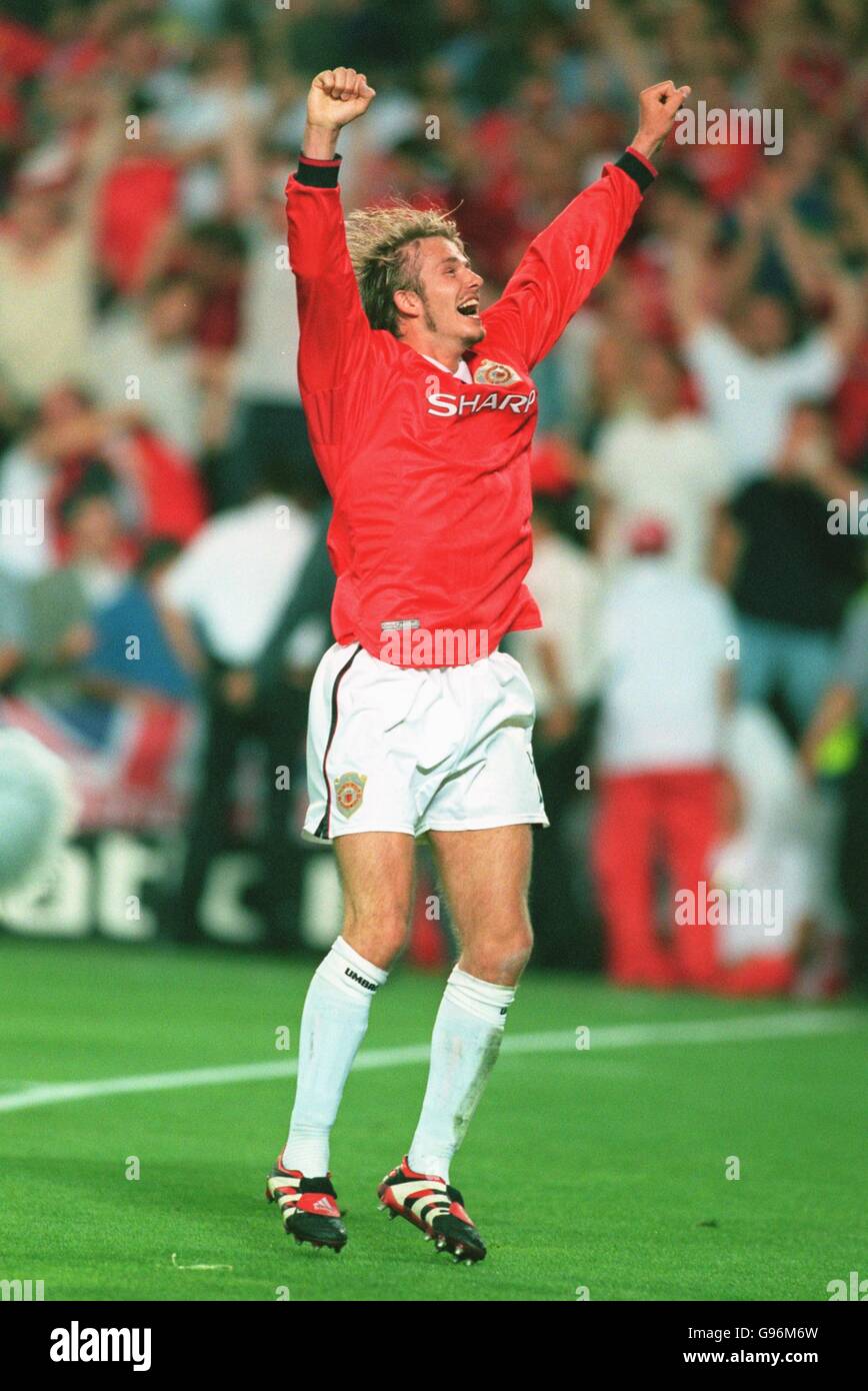 Manchester United's David Beckham celebrates victory at the final whistle Stock Photo