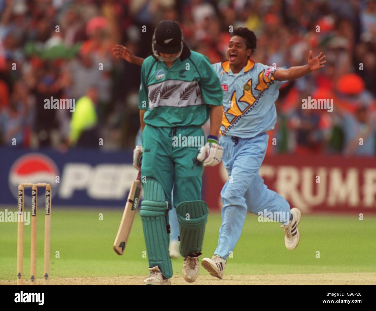 Cricket - ICC World Cup - Super Six - India v New Zealand. India's Debashish Mohanty celebrates bowling out New Zealand's Nathan Astle Stock Photo