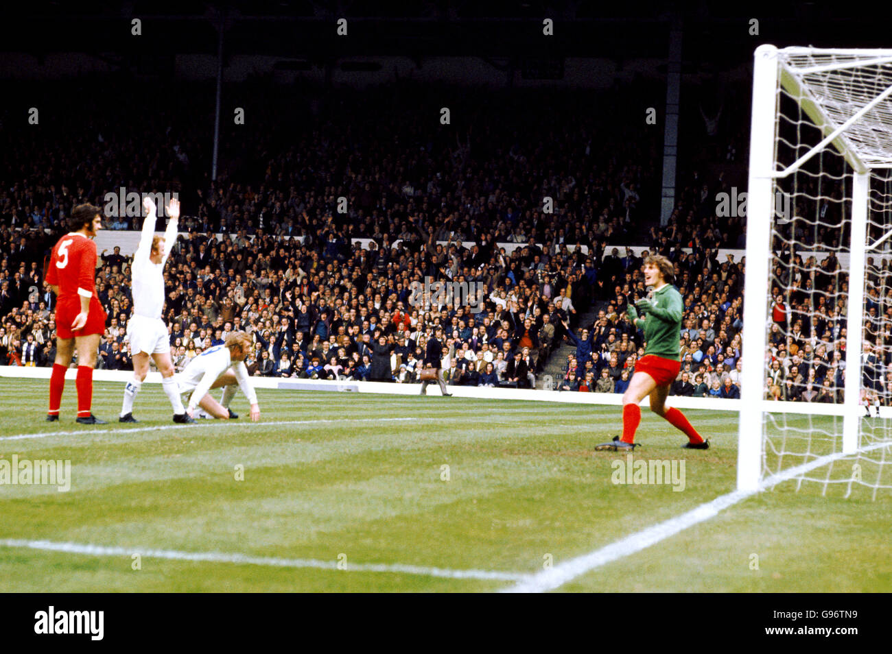 Liverpool's Ray Clemence (right) and Larry Lloyd (left) look stunned as Leeds United's Billy