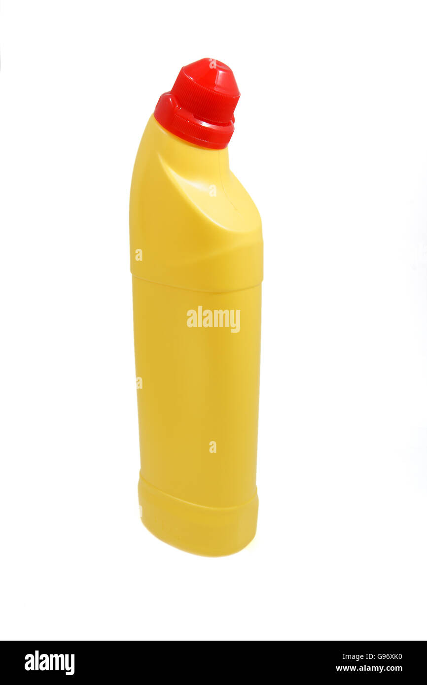 Yellow high density polyethylene plastic bleach bottle studio isolated Stock Photo
