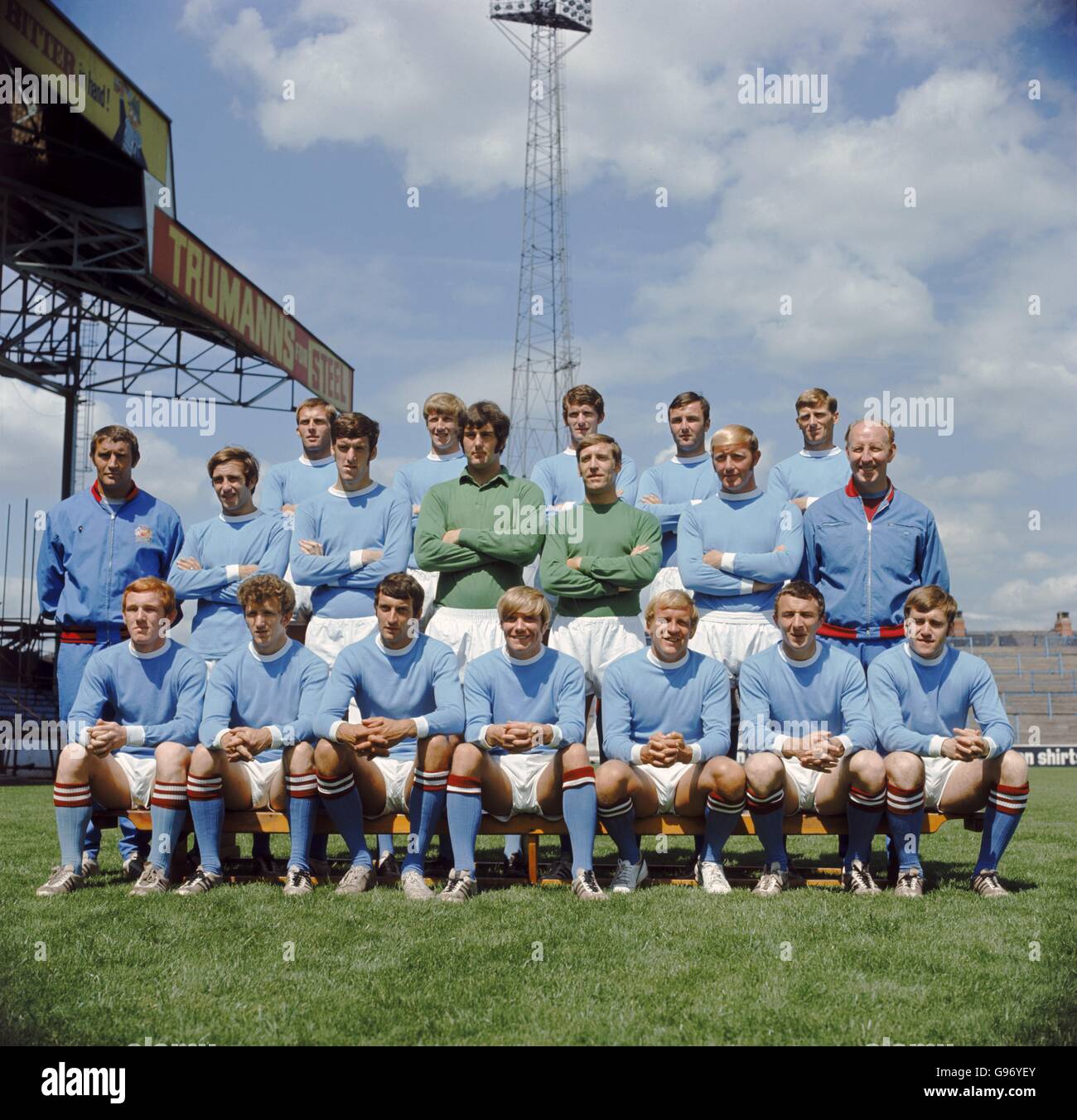 Back row, left to right: Alan Oakes, Colin Bell, Mike Doyle, Glyn Pardoe, Tony Book. Middle row: Malcolm Allison, Arthur Mann, Tommy Booth, Joe Corrigan, Harry Dowd, George Heslop,Dave Ewing. Front row: Ian Bowyer Bobby Owen, Neil Young, Tony Coleman, Francis Lee, Mike Summerbee,Dave Conner. Stock Photo