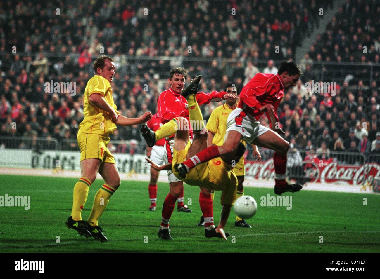 Wales's Dean Saunders (centre) attempts an over head kick but misses the ball Stock Photo