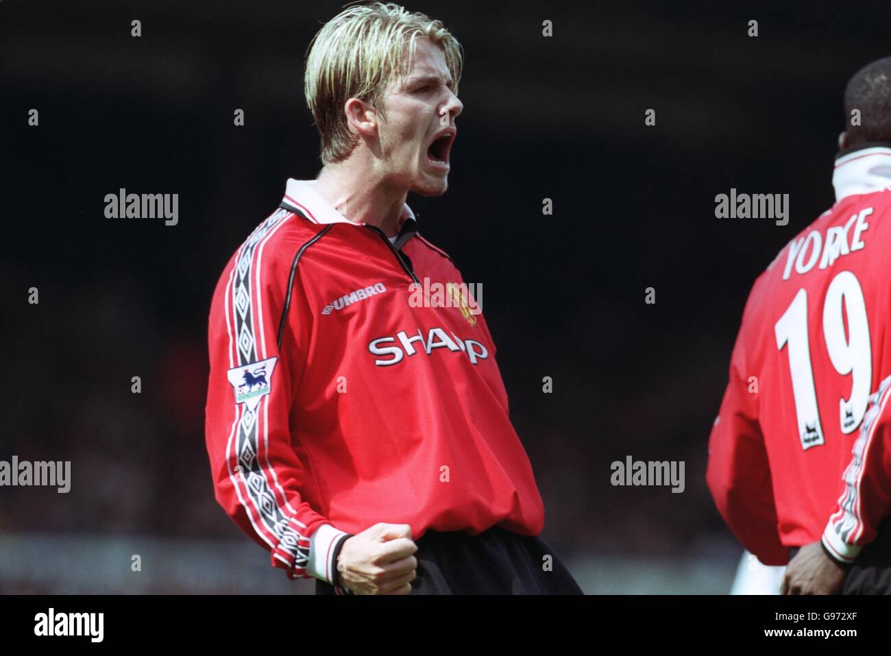 David Beckham, Manchester United celebrates after they scored the equalising goal of the game Stock Photo