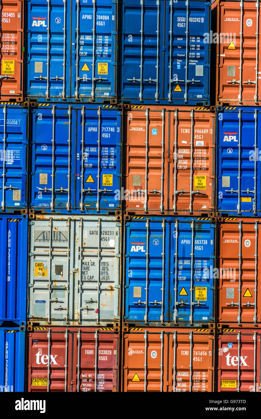 Close up of a colourful stack of shipping containers, at Strathfield South, Sydney, Australia Stock Photo